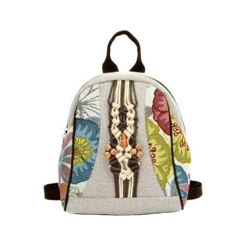Nice national string appliques women small shopping backpacks!New Bohemian floral prints lady backrack All-match canvas backruck