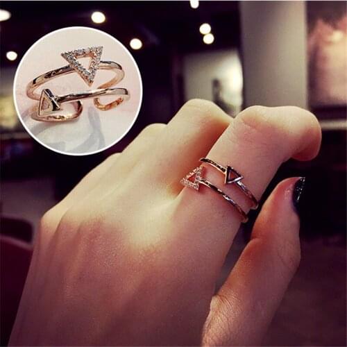 Triangle crystal micro-inserted double-layer Korea Japan and South Korea European and American jewelry hipster open joint ring