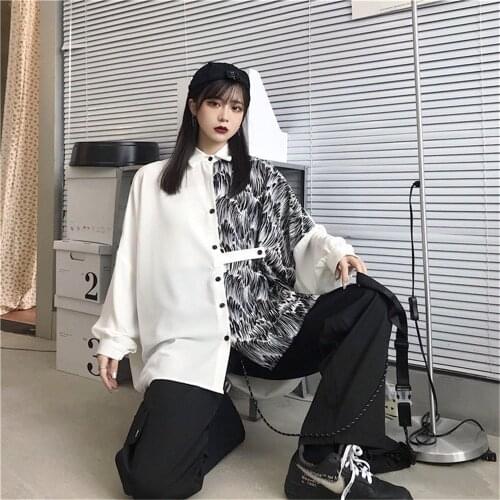 Cool Patckwork Blouse Shirt Autumn Oversize Shirt Women Harajuku Punk Long Sleeve Tops Tee Hip Hop Funny White New T Shirt Girls