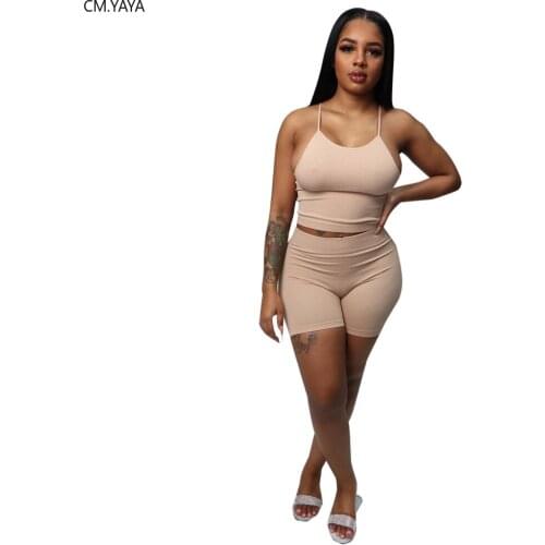 2020 Summer Women Two Pieces Sets Summer Tracksuits Spaghetti Strap Crop Top & Shorts Leggings Suit Sporty Fitness Outfits 2Pcs