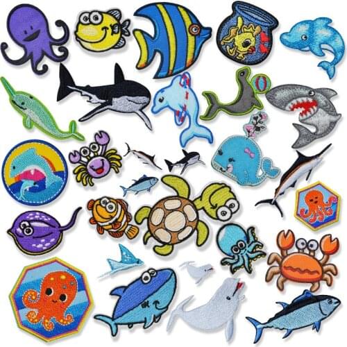 Cartoon Ocean Animal Whale Shark Marine Organism Turtle Iron On Embroidered Clothes Patches For Clothing Wholesale Badges