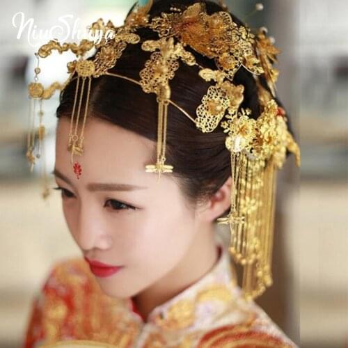 NiuShuya Traditional Chinese Bride Headdress Headband Gold Long Tassel Hairpins Hairwear Forehead Hair Wedding Accessories