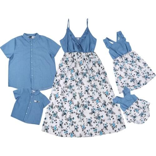 Family Matching Outfit for Father Mother Kids Summer Blue Floral Print Dress Short Sleeve Shirt Parent Child Suit