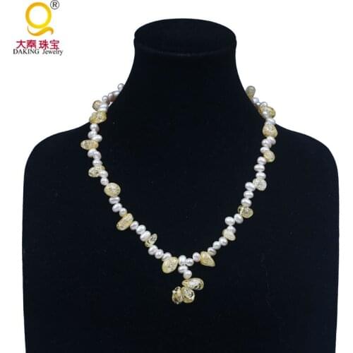 Good quality white genuine cultured freshwater pearl necklace irregular yellow popcorn crystal choker necklace