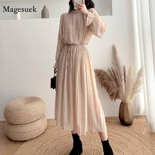 Loose Stand Collar High Waist Waistband Slim Long Dress Autumn Korean Style Elegant Plus Size Pleated Chiffon Dress Women 12536