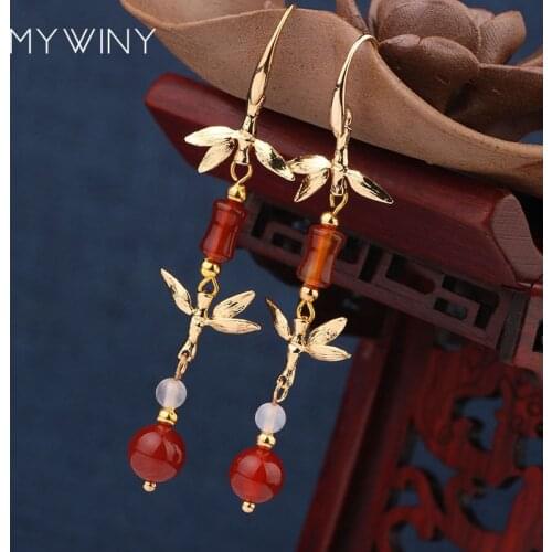 MYWINY NEW copper flowers jewelry nature stones tube fashion vintage elegance earrings