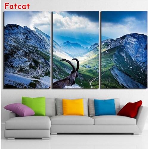 Triptych Natural Scenery Diamond Painting Mountain Antelope horn 5D Diy Wall Decoration Cross Stitch Square/Round Drill PP1451