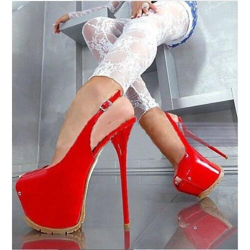 Sexy Red Patent Leather Platform Pumps Peep Toe 16cm Stiletto Heels Dres Shoes Cut-out Slingback Party Heels Banquet Shoes 45