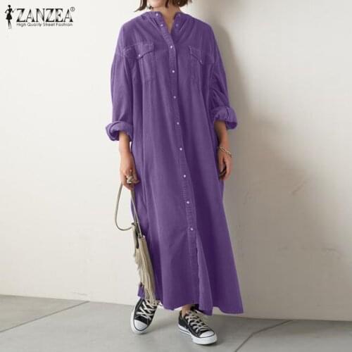 ZANZEA Fashion Long Sleeve Solid Maxi Dress 2021 Spring Women Split Long Shirt Vestidos Buttons Down Casual Sundress 7