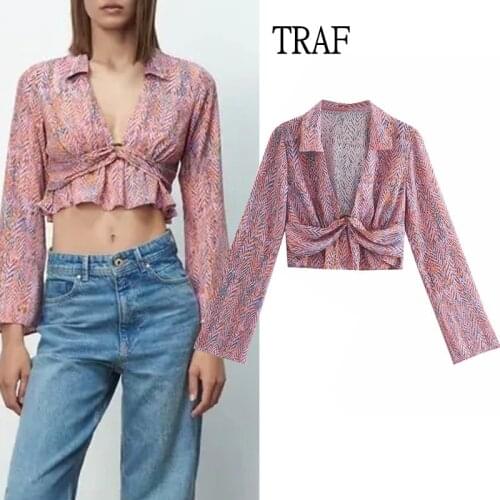TRAF Za Woman Shirt 2021 Fashion Print Short Woman Blouses V Neck Ruched Long Sleeves Womens Clothing Top Women Casual Blouses