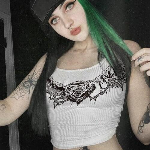 2020 Women Sexy Gothic Punk Style Print White Tank Tops Slim Fit Club Casual Female Crop Tops Streetwear Clubwear Fashion