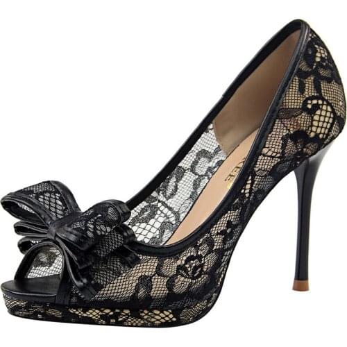 New lace womens shoes stiletto high heel shallow mouth fish mouth hollow mesh bow single shoes