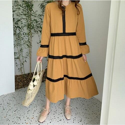 Fashion Autumn 2019 Women Long Sleeve Cotton Casual Korean Dress Loose Lace Patchwork Striped Dresses robe longue femme ete