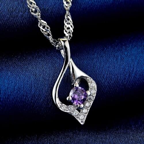 Luxury Women Pendant 925 Sterling Silver Necklace Rhinestone Purple Zircon Necklace Silver Jewelry Anniversary Gift For Lover