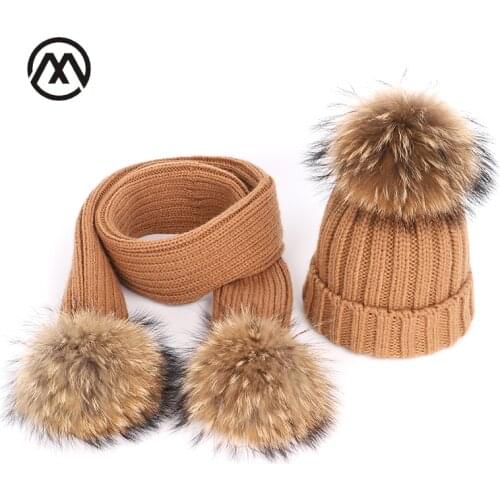 Winter warm knitted cotton hats ladies raccoon fur pompom scarf ski parent-child caps boy girl children Beanies for women Skulli