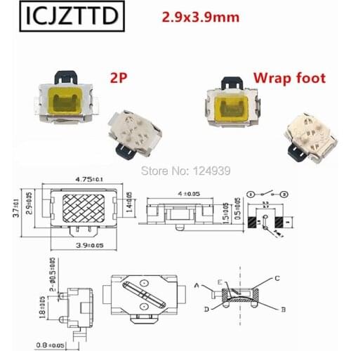 20pcs 2.9x3.9mm 2.9*3.9mm SMD 2P Wrap foot Micro Switch with positioning post Push Button Switch small turtle switch