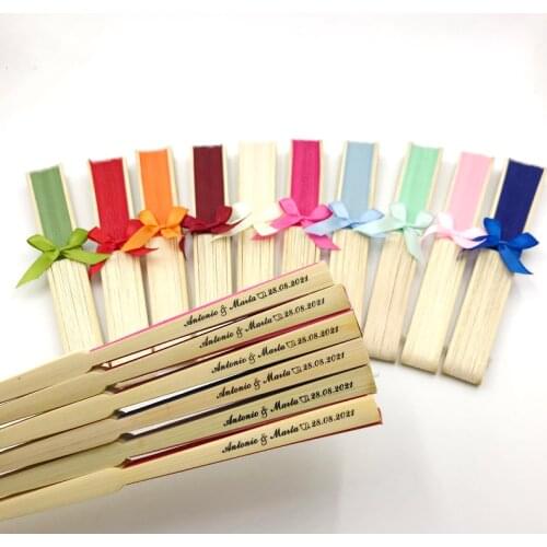 24PCS Wedding Held Fan with Ribbon Bow Silk Screen Printing Customers Text Unique Personalized Party Giveaways Hand Folding Fan