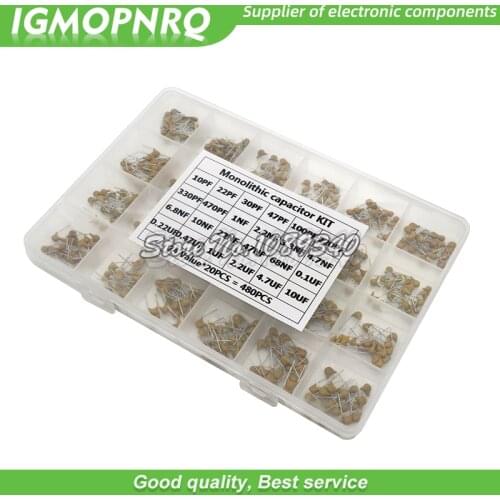 24values*20PCS =480PCS/lot Monolithic Ceramic Capacitor 10pF~10uF,ceramic capacitor Assorted Kit + BOX igmopnrq