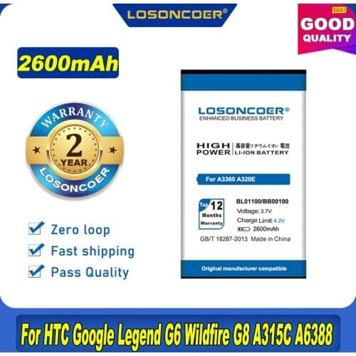 LOSONCOER 2600mAh BL01100 BB00100 For HTC DESIRE 200 Legend G6 Wildfire G8 A315C A3360 A3333 A6363 A6388 T5588 A3366 Battery