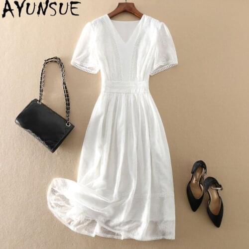 AYUNSUE 2021 Real Silk Dress for Woman Casual White Summer Dresses Famale New Embroidery Beach Dress Ladies Vestidos Mujer SQQ24