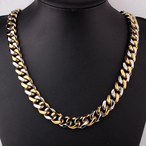 Tiasri 15mm Curb Cuban Link Chain Man Necklace Bracelet High Quality Stainless Steel Choker Hip-hop Punk Jewelry Accessories