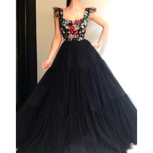 Black Long Embroidery Prom Dresses 2021 A Line Spaghetti Straps Scoop Neckline Formal Evening Party Dress Robe De Soiree