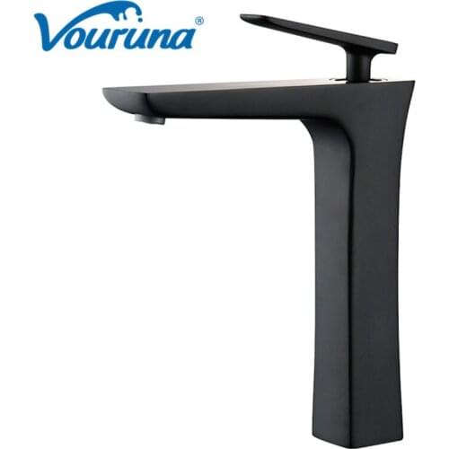 VOURUNA Black Tall Bathroom Faucet Short Basin Sink Mixer Tap Brass Construction