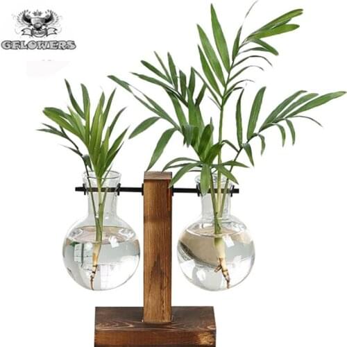 GFLOWERS Wooden terrarium, transparent hydroponic plant pot, wooden stand decoration, glass pot, for plant and bonsai decoration