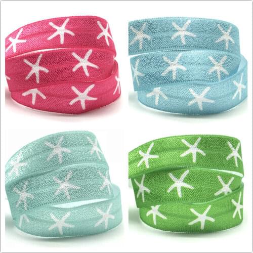 10Y 16mm Starfish Print Fold Over Elastic Transfer Heat Print star FOE Ribbon Webbing for Headwear Hair Sewing Accessory