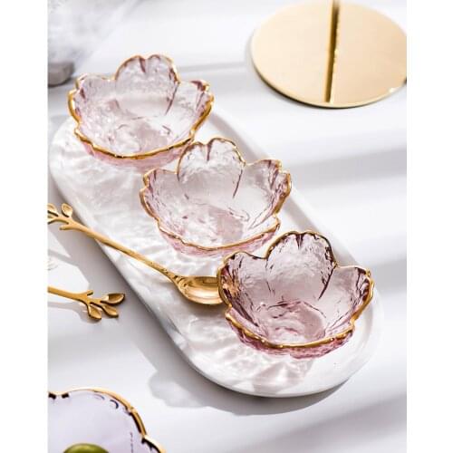 Nordic Style Small Glass Dish Gold Inlay Glass Sauce Bowl Mini Japanese Cherry Blossoms Seasoning Plate For Ice Cream Fruit Sala