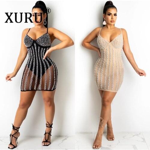 XURU European and American New Summer Dresses Womens Nightclub Sexy Hot Drill Dresses Suspenders Perspective Dress