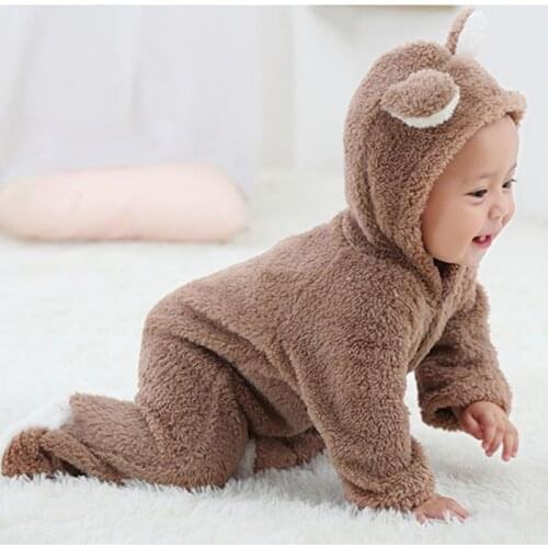 Autumn Baby Clothes Flannel Baby Boy Clothes Cartoon Animal 3D Bear Ear Romper Jumpsuit Warm Newborn Infant Romper Spring