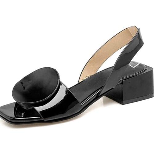 Black White Sandals Women Shoes Summer Square Heels Slip On Office Ladies Shoes Fashion Patent Leather Sandalias Mujeres WSH3893