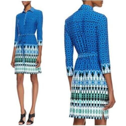 Sexy ladies' fashion good quality Italian fashion the shirt printing knitting belt slim beautiful blue dress