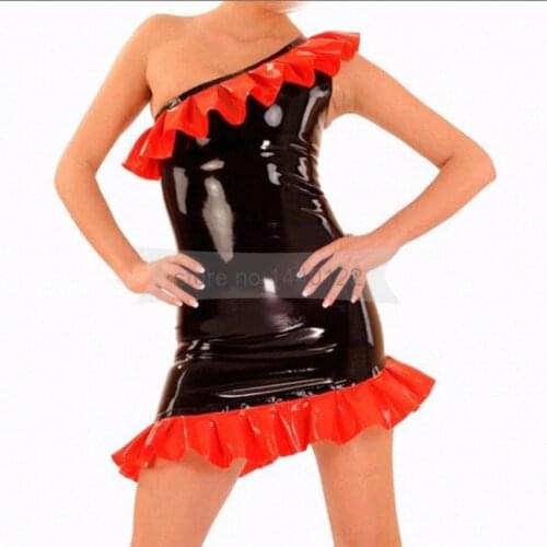 Oblique shoulder sexy black latex dance dress with red lace rubber fetish costumes party dresses BNLD131