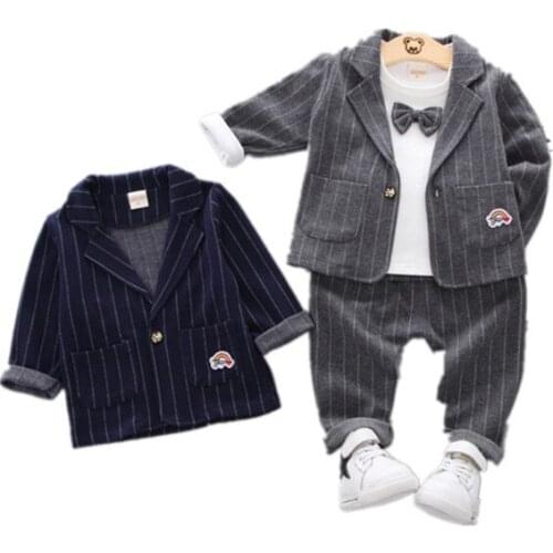 Spring Autumn Children Cotton Clothes Baby Boys Bow T Shirts Stripe Coat Pants 3Pcs/sets Infant Kids Fashion Toddler Tracksuits
