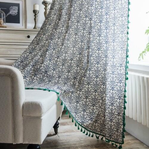 Curtain Bohemian Printed Green Tassel Partition Curtain European-Style Home Cotton And Linen Semi-Shade Bay Window Curtain Decor