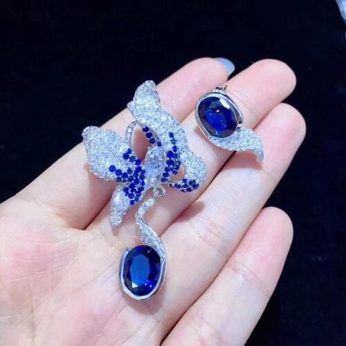 Blue color asymmetry orchid earring 925 sterling silver with cubic zircon fine women jewelry free shipping party anniversary