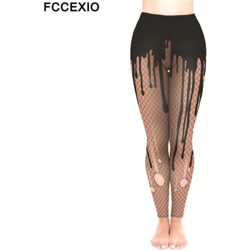 FCCEXIO Women Leggings High Waist Fitness Legging Fishnet Holes 3D Print Leggins Female Pants New Workout Leggings Slim Trousers