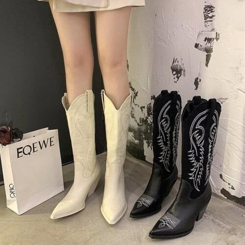 2021 Winter Canvas Women Knee High Boots High Heel Western Cowboy Boots Embroider Pointed Shoes Female Winter Motorcycle Boots