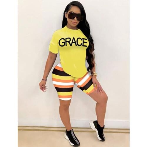 Women 2021 Two Piece Sets Summer Outfits Letter Short Sleveve Tops + Stripe Slim Shorts Female Lady Clothing