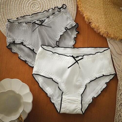 2Pcs/Set Japanese Women Underwear Mid-waist Cotton Crotch Panties Comfortable Striped Female Lingerie Breathable Stretch Briefs