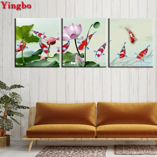 3pcs/set DIY Embroidery Diamond Painting Koi Fish Lotus landscape cross stitch 5D Full square round Diamond mosaic rhinestones