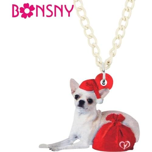 Bonsny Acrylic Christmas Hat Chihuahua Dog Gift Bag Necklace Pendant Chain Animal Jewelry For Women Girl Teen Kid Gift Accessory