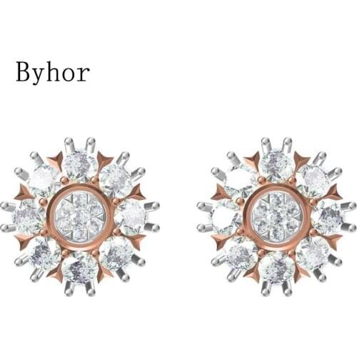 Byhor Solid 14K White/Yellow+White/Rose+White Gold 1.71ct H/SI Natural Diamonds Stud Earrings Women Flower Cерьги Fine Jewelry