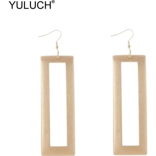 YULUCH 2019 Long Fashion Rectangle Drop Pendant Earrings Big Hollow Wooden Gold Dangle Earings For Lady girl Jewelry Dropshiping