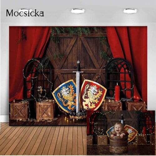 Duel Match Newborn Kids Portrait Backdrop for Photography Cake Smash Photographic Studio Props Red Curtain Wood Door Props