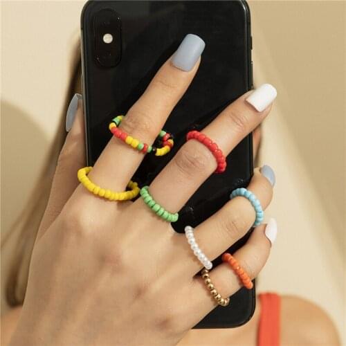 8Pcs Creative Bohemian Bead Finger Ring Set Korea Trendy Sweet Acrylic Resin Knuckle Jewelry for Women Girl Jewelry