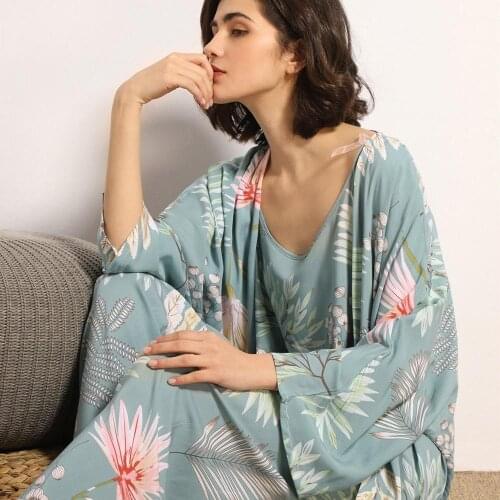 3 Pcs Women Pajamas Set Viscose Floral Printed Female Pyjama Loose Sleepwear Nightwear Spring Summer Lounge Wear