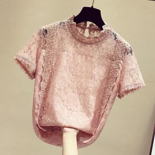 Lace Hollow Out Women Blouse Summer New 2021 Solid O-Neck Ruffles Short-Sleeved Slim Elegant Office Lady Pulls Tops